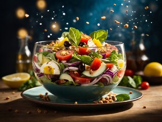 Obraz na płótnie Canvas Healthy geek Mediterranean salad for health lovers in studio background, cinematic food photography, 