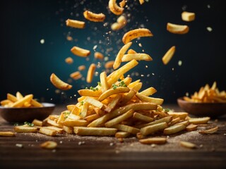 Delicious chips and fries in studio lighting and background, cinematic food photography 