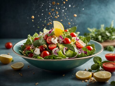 Healthy geek Mediterranean salad for health lovers, cinematic food photography