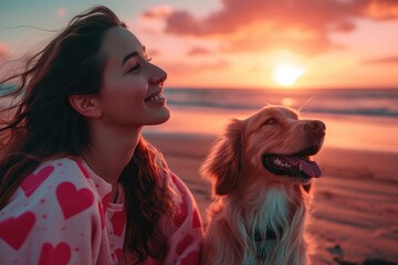 woman with dog. "Seaside Bliss: Dog and Owner at Sunset"