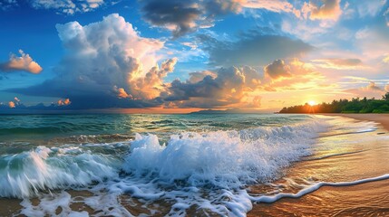 Tropical beach panorama view with foam waves before storm, seascape with Palm trees, sea or ocean...