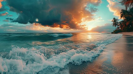 Tropical beach panorama view with foam waves before storm, seascape with Palm trees, sea or ocean water under sunset sky with dark blue clouds. Background summer - obrazy, fototapety, plakaty
