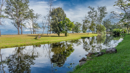 A calm river flows in a tropical park along the seashore. Picturesque boulders, green grass on the banks. Trees, blue sky, clouds are mirrored in the water. The ocean is far away. Malaysia. Borneo.