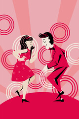 Template for invitation, banner, poster. Loving couple at a winding retro party. Retro-style. Minimalism. 