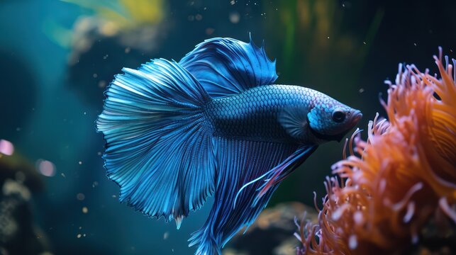 A stunning blue Betta fish displays a vibrant and colorful tail against a natural background