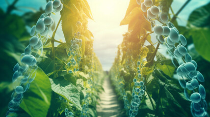 Biotech Agriculture DNA strands superimposed over impulse - obrazy, fototapety, plakaty
