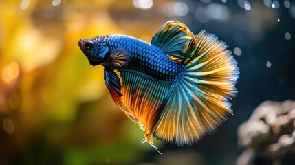 A stunning dark blue orange Betta fish displays a vibrant and colorful tail against a natural background