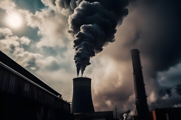 There is smoke coming out of a tall smokestack, as seen from above. The pollution from plant pipes is serious. Pollution from factories and other industrial sources - obrazy, fototapety, plakaty