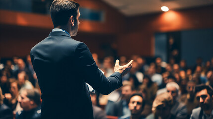 Softly focused on speaker presenting to an attentive audience in a conference room, perspective behind the speaker