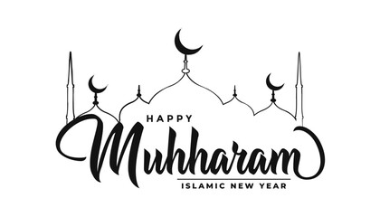 Islamic new year, happy muharram graphic design With mosque line art,  Islamic New Year or Muharram Design.