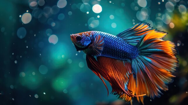 A stunning orange blue Betta fish displays a vibrant and colorful tail against a natural background