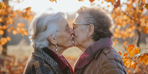 Senior gay lesbian couple in love kissing outside while walking in autumn park. LGBTQ aged tourists having tender moment during spring vacation. Romantic scene between two loving women - Powered by Adobe