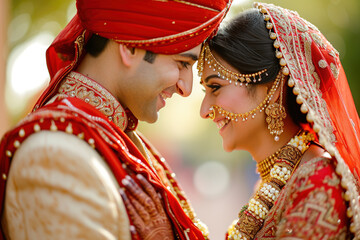 Indian groom dressed in white Sherwani with stunning bride in lehenga during the Saptapadi ceremony on Hindu wedding spousal. Celebration of special day of love marriage ceremony concept