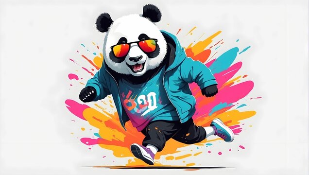 Charles Williams style, panda running behind the passion with a heavy coat, sunglasses, illustrations, Colorful Flat-Style T-shirt illustration, white background. generative AI