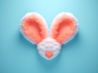 Fluffy White Bunny Ears Forming a Heart Shape on a Soft Blue Background. easter illustration.Animal protection concept, cosmetics without testing on animals.
