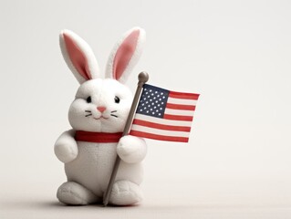 Rabbit Holding American Flag on White Background. Copy space.