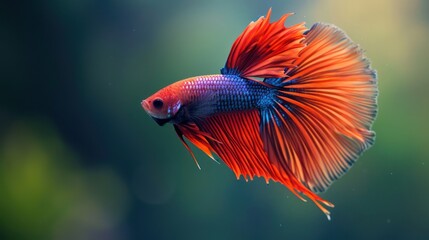 A stunning red Betta fish displays a vibrant and colorful tail against a natural background
