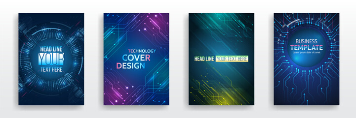 Scientific cover template for presentation, banner. Set of high-tech covers for marketing. Modern technology design for posters. Futuristic background for flyer, brochure.