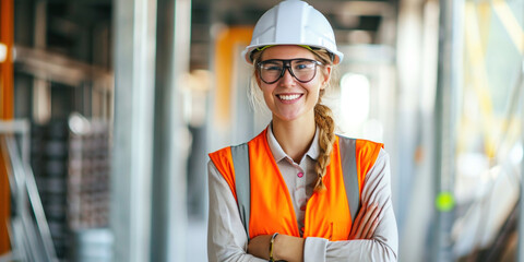 Portrait of smiling female building engineer construction worker technician architect on site wearing safety helmet hard hat, high vis vest. Manufacturing technology job concept. Copy paste