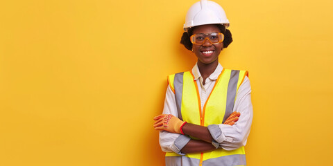 African American smiling female building engineer construction worker technician architect on site wearing safety helmet hard hat, high vis vest. Manufacturing technology job concept. Copy paste