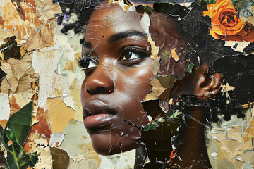 Close-up portrait of African hungry young adult woman with a sad tired expression made from torn paper wall. Hunger and food security of the planet, help to third developed countries concept