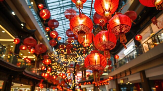 Chinese New year red paper lantern decoration in shopping mall