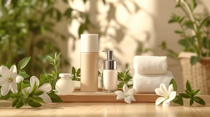 Cercles muraux Salon de beauté Minimal background for branding and product presentation. Cosmetic bottle on podium with green plant on beige background. 3d rendering illustration. Pump bottle for cream or perfume or serum 