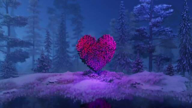 Slow approximation to a large bouquet of heart-shaped flowers in a winter forest on the evening of Valentine's Day, 3D rendering