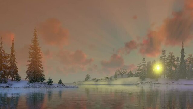 Slow flight over the river in the rays of the sun setting behind the trees of a snow-covered forest, 3D rendering