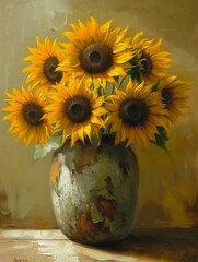 lot sunflowers vase table bright backlit cheerful toward sun rays caustics madness mono yellow sigma delicate precise brushwork