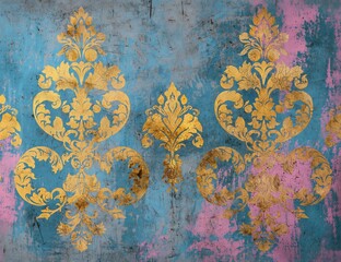 closeup wall gold blue design pink color stencil abandoned salon leaf texture hindu bohemian baroque elements