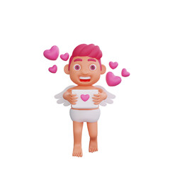 3D illustration of Valentine Cupid character holding a love letter