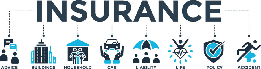 Insurance banner web icon vector illustration concept with icon of advice, buildings, household, car, liability, life, policy and accident