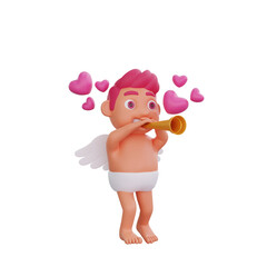 3D illustration of Valentine Cupid character playing a golden trumpet