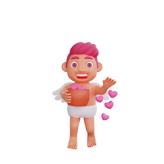 3D illustration of Valentine Cupid character joyfully shares hearts from a pot