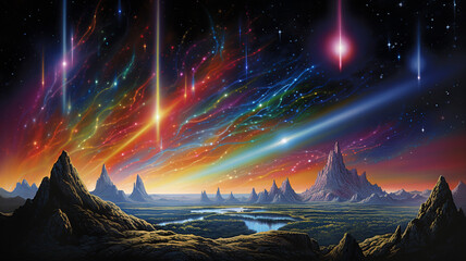 A surreal cosmic landscape featuring a comet with alien