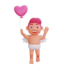 3D illustration of Valentine Cupid character Joyful with Heart Balloon