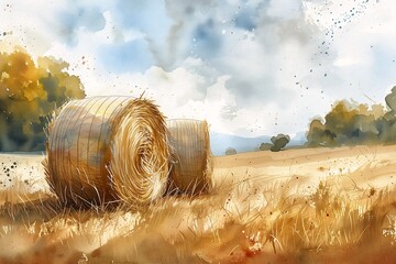 hay bale field scattered golden flakes malt aquarelle simplified summer day - obrazy, fototapety, plakaty
