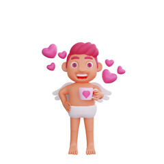 3D illustration of Valentine Cupid character Holding a love-shaped glass