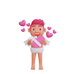 3D illustration of Valentine Cupid character holding a heart-shaped chocolate box