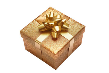 A sparkling golden gift box with a bow, on a transparent background, suitable for celebrations like Christmas and Valentine's Day.