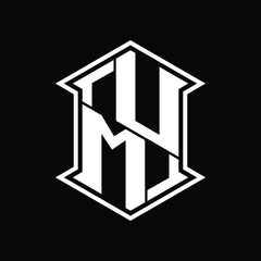 UM Logo monogram hexagon shield shape up and down with sharp corner isolated style design
