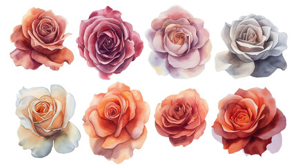 A set of watercolor roses in various colors, ideal for romantic occasions like Valentine's Day, wedding invitations, and greeting cards.