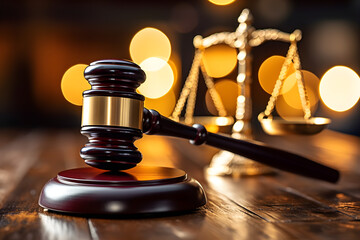A judge's gavel on a wooden base next to a blurred golden metal scale on a wooden table. The background is blurred like being in a court of law. The picture presents the topic of justice. - obrazy, fototapety, plakaty