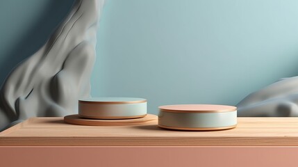 The Pastel Shades background with a wooden podium. On top of the wooden podium, there are two small podiums that add a minimal touch to the product display