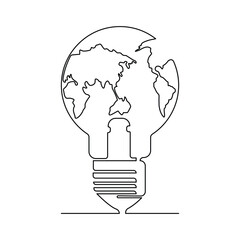 Continuous One line Earth globe inside lightbulb and earth hour outline vector art illustration