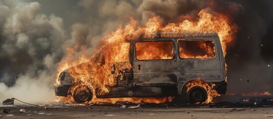 Burning delivery vehicle engulfed in flames and smoke by roadside. - obrazy, fototapety, plakaty