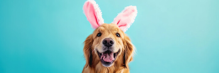 Banner with dog dressed in pink Easter bunny ears - Powered by Adobe
