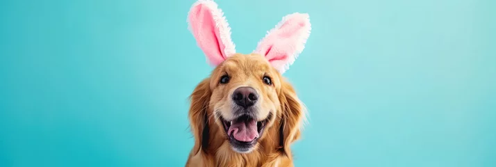 Rolgordijnen Banner with dog dressed in pink Easter bunny ears © Slepitssskaya