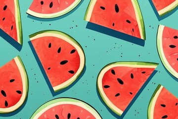 Vibrant watermelon pattern on pastel blue-green background. Colorful slices and hand-drawn fruit illustration for energetic summer vibes. Generative AI